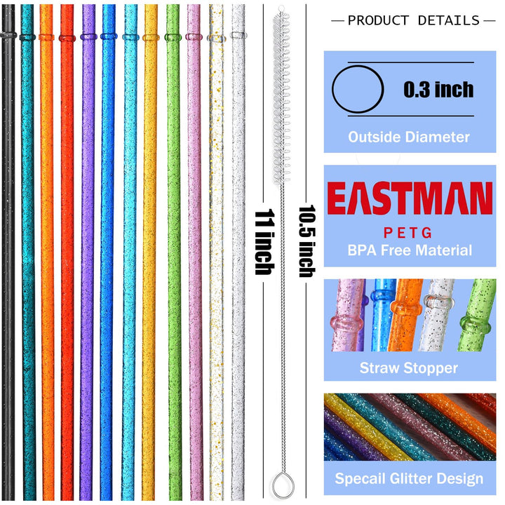 12-Pack Glitter Reusable Clear Plastic Straws, 11 Long Hard Tumbler Drinking Straws with Cleaning Brush (10 Colors)