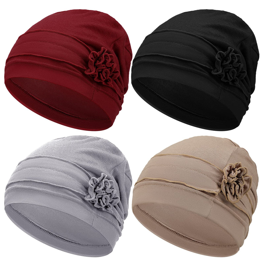 4 Pcs Chemo Hear for Women Cancer Caps Headcovers Headwrap Soft Flower Turban Hats for Women(Black, Gray, Khaki, Burgundy,Simple Flower)