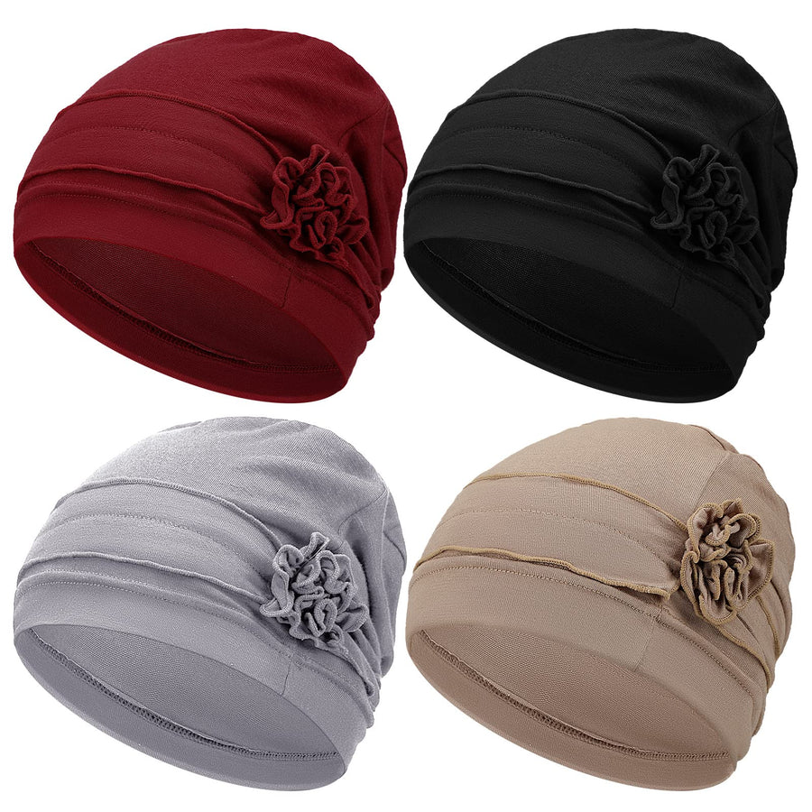 4 Pcs Chemo Hear for Women Cancer Caps Headcovers Headwrap Soft Flower Turban Hats for Women(Black, Gray, Khaki, Burgundy,Simple Flower)