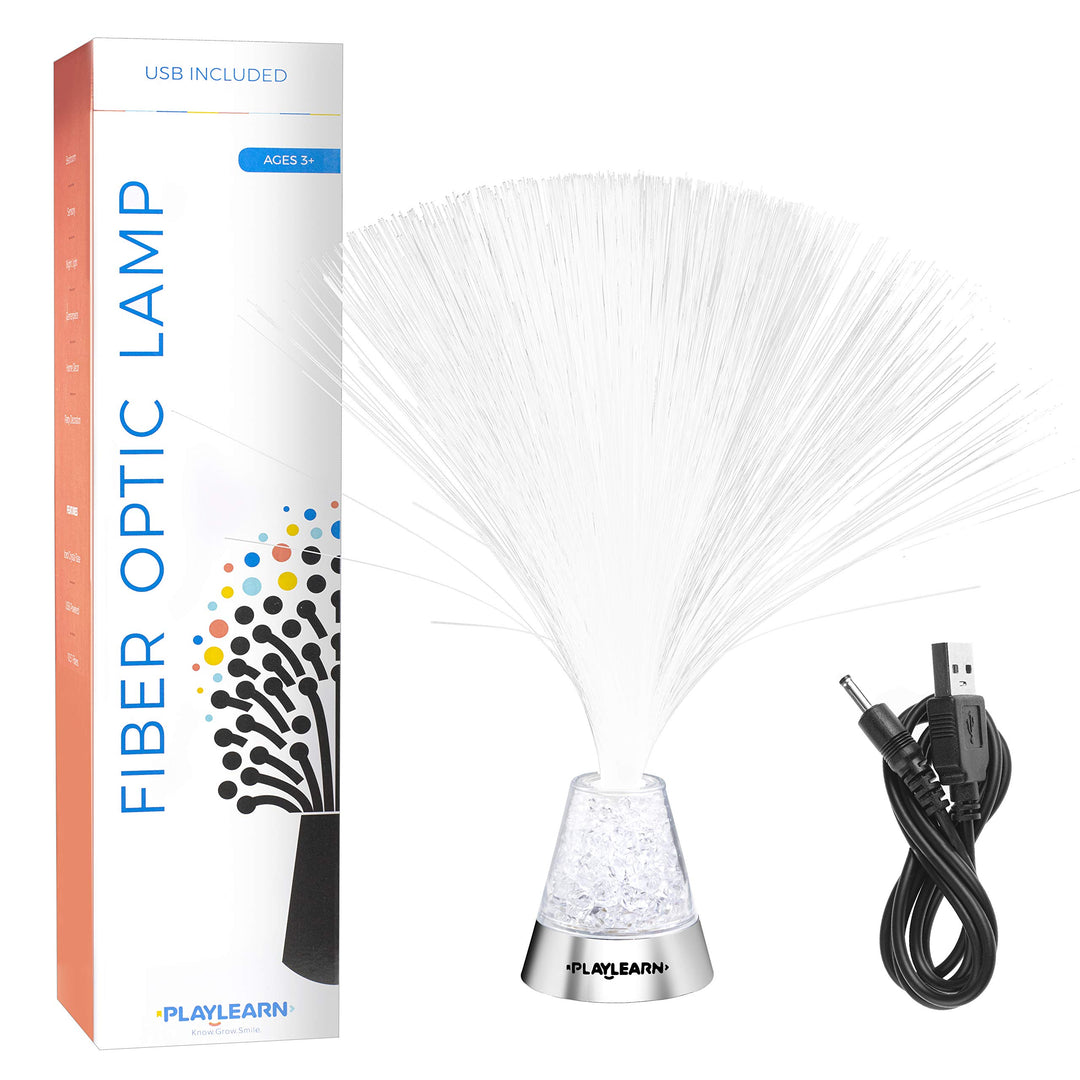 Playlearn 13” LED Fiber Optic Lamp - USB/Battery Powered – Color Changing Crystal Base – Fiber Optic Light Sensory Lamp