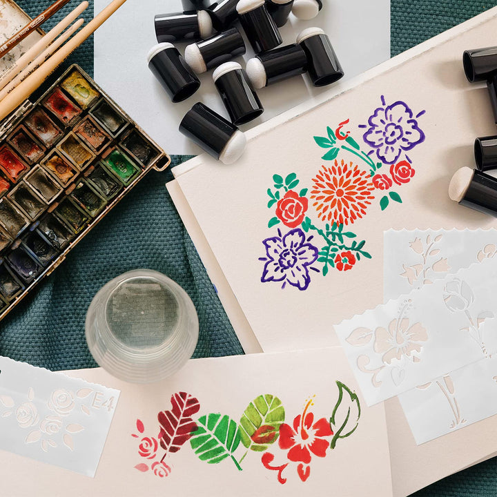 20Pcs Finger Sponge Daubers, Finger Painting Sponge with 8Pcs Flower Stencil Templates for Arts and Craft Painting Projects-Daubers for Stamping, Drawing, Ink, Card Making