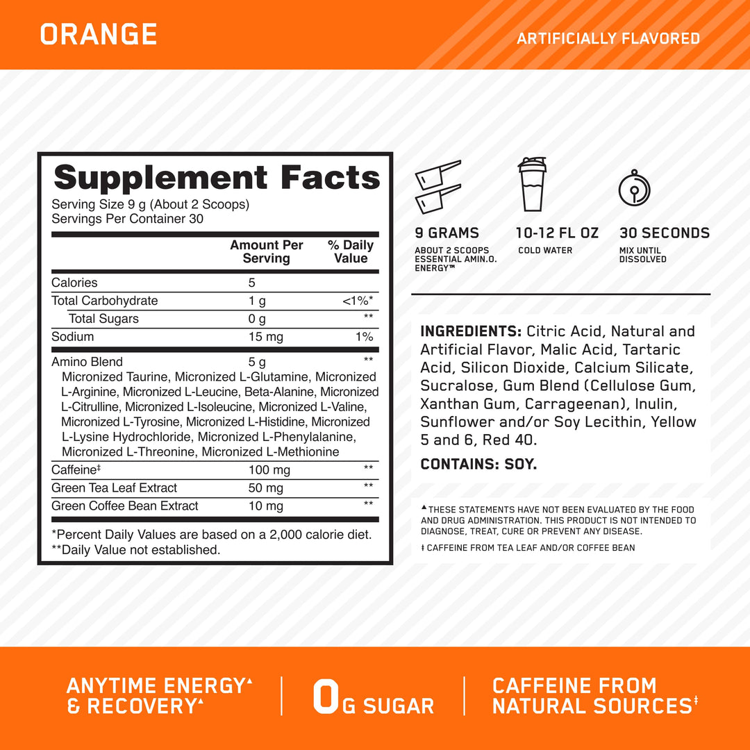 Amino Energy - Pre Workout with Green Tea, BCAA, Amino Acids, Keto Friendly, Green Coffee Extract, Energy Powder - Orange Cooler, 30 Servings (Packaging May Vary)