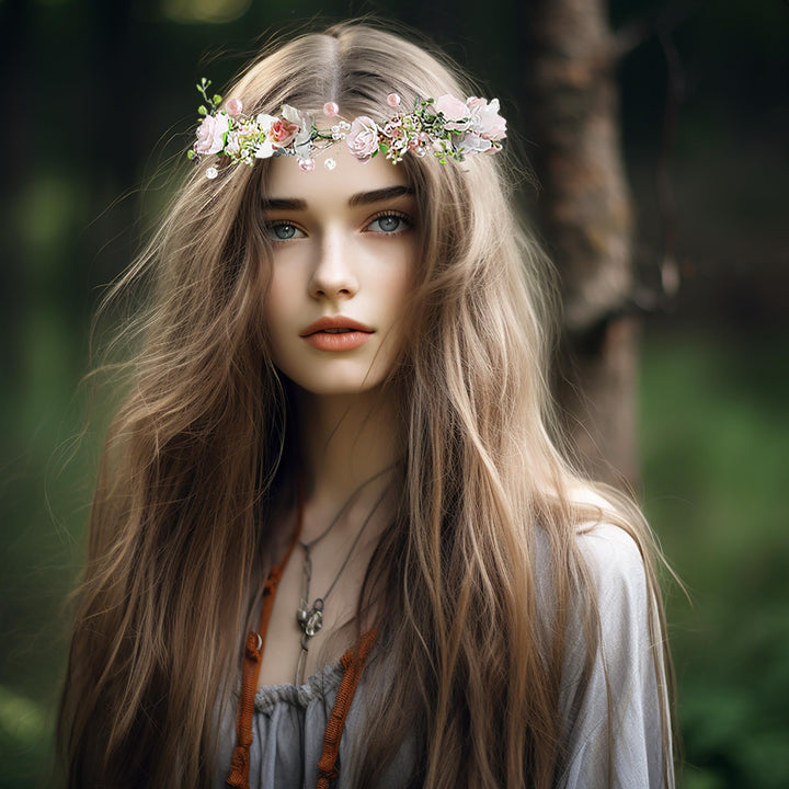 Boho Flower Headband Hair Wreath Floral Garland Crown Halo Headpiece with Ribbon Wedding Festival Party