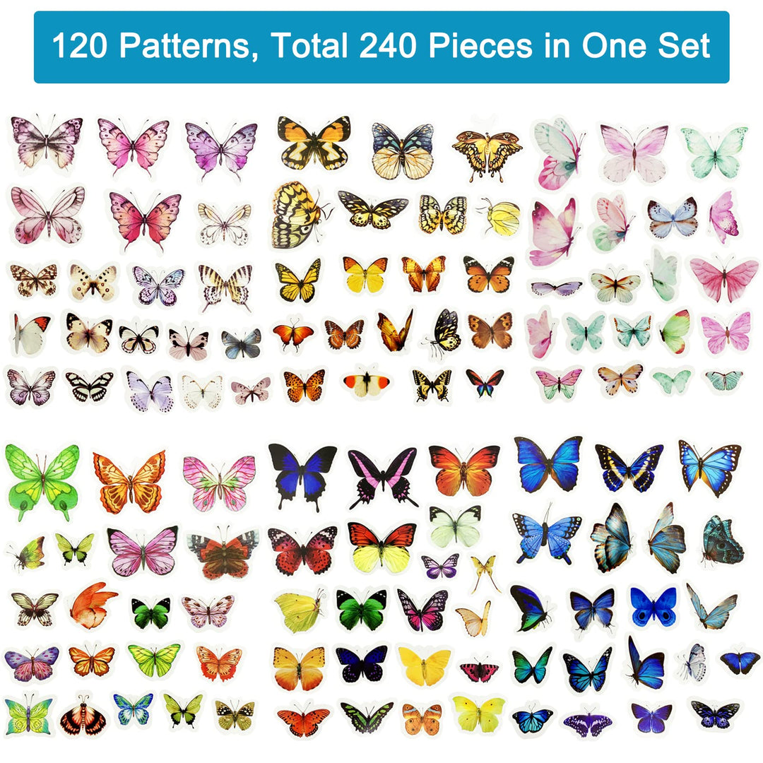 240 Pieces Butterfly Stickers PET Waterproof Transparent Decorative Decals for Scrapbook Bullet Journal Planners Cards Envelopes Water Bottles Resin DIY Crafts