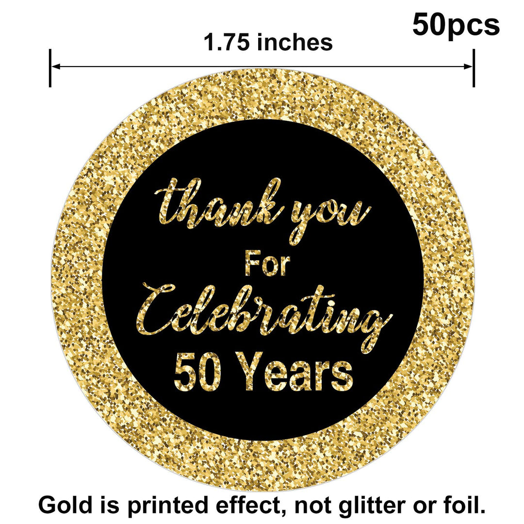 50th Birthday Stickers, Gold 1.75 Inch Round Circle Labels, 50 Reusable Decorations for Anniversary Party, Pack of 50