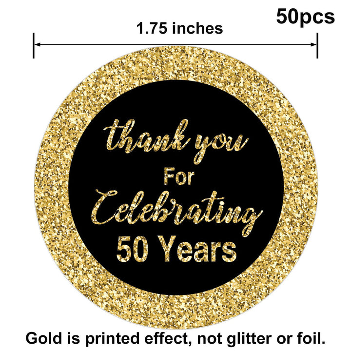 50th Birthday Stickers, Gold 1.75 Inch Round Circle Labels, 50 Reusable Decorations for Anniversary Party, Pack of 50