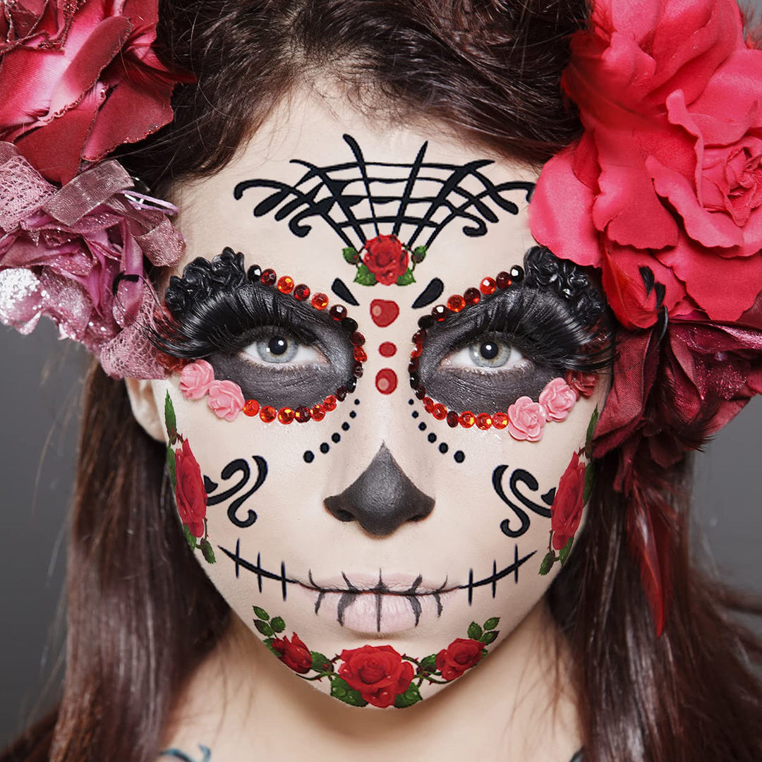 12 Pack Day of the Dead Sugar Skull Temporary Face Tattoo Halloween Makeup Tattoo for Men and Women