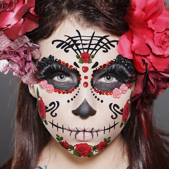 12 Pack Day of the Dead Sugar Skull Temporary Face Tattoo Halloween Makeup Tattoo for Men and Women