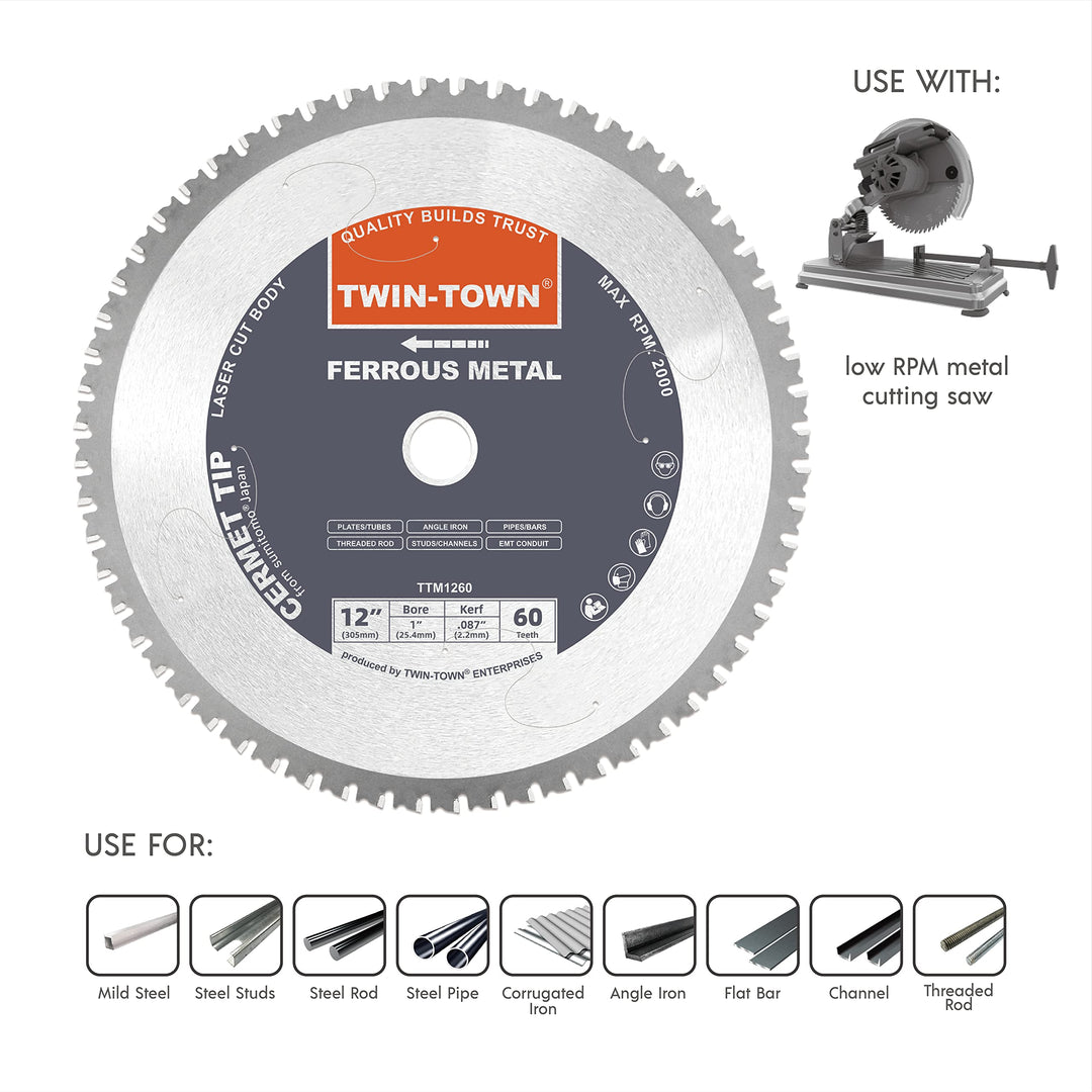 12-Inch 60 Teeth Steel and Ferrous Metal Cermet Saw Blade with 1-Inch Arbor