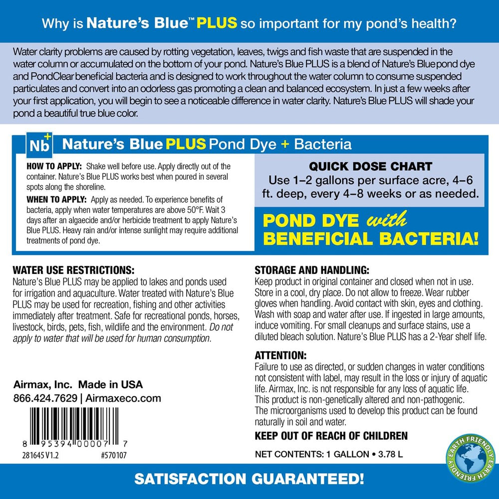 Pond Dye Plus, Nature's Blue Colorant & Natural Beneficial Bacteria, Large Pond & Lake Water Clarifier & Color Treatment, Shade Plants & Algae from Sunlight, Fish & Livestock Safe, 1 Gallon