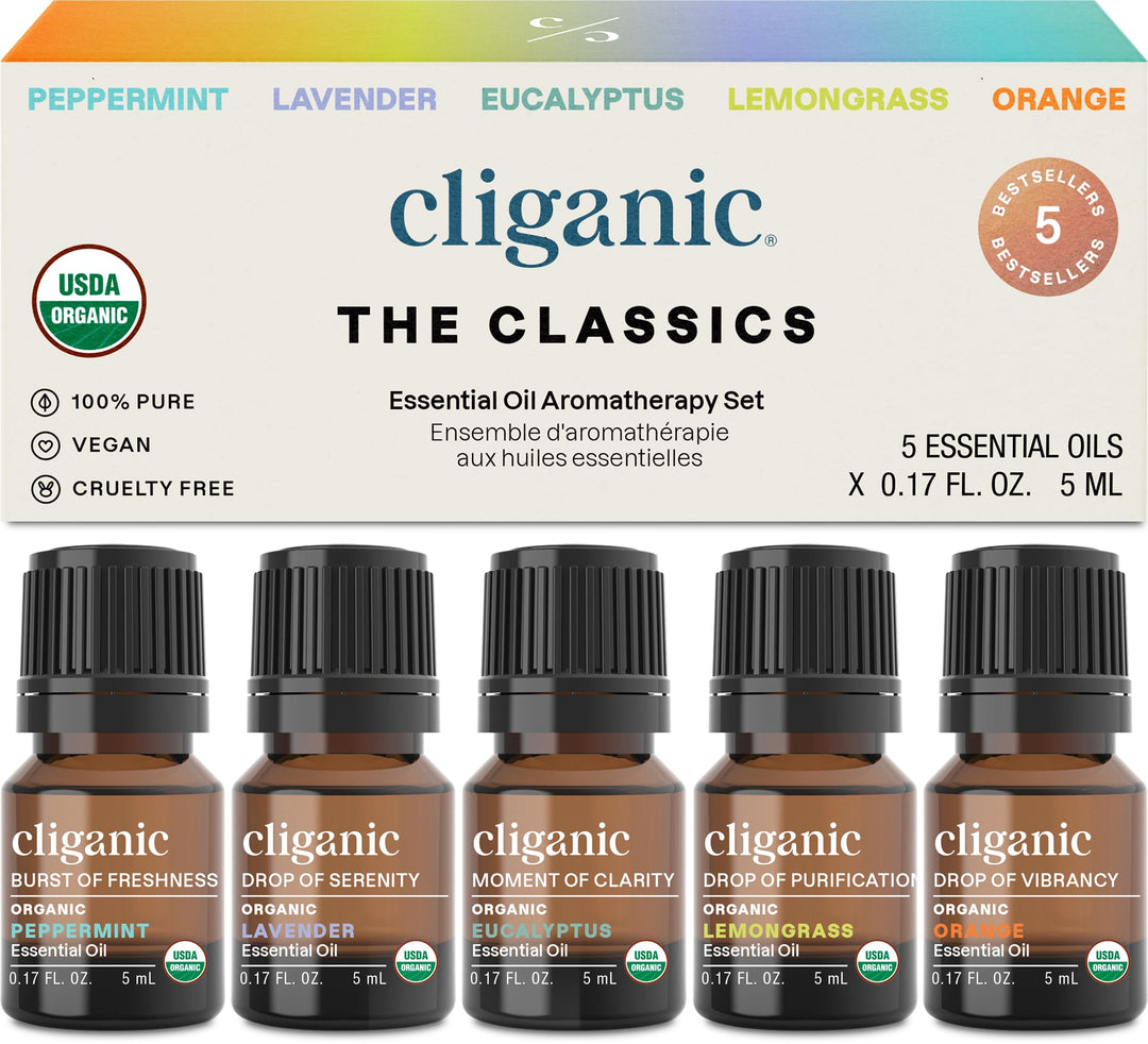 Organic Essential Oils Set (Top 5) - 100% Pure Natural - Aromatherapy, Candle Making - Peppermint, Lavender, Eucalyptus, Lemongrass & Orange (Packaging May Vary)