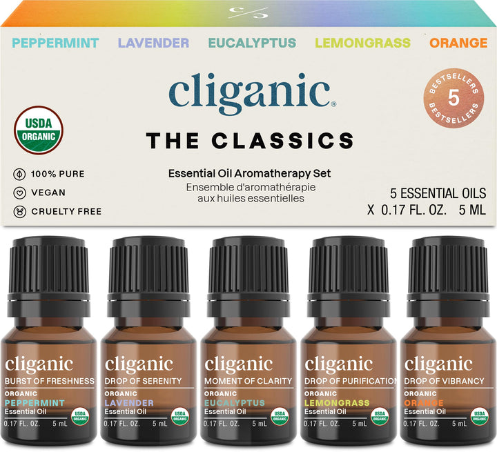 Organic Essential Oils Set (Top 5) - 100% Pure Natural - Aromatherapy, Candle Making - Peppermint, Lavender, Eucalyptus, Lemongrass & Orange (Packaging May Vary)