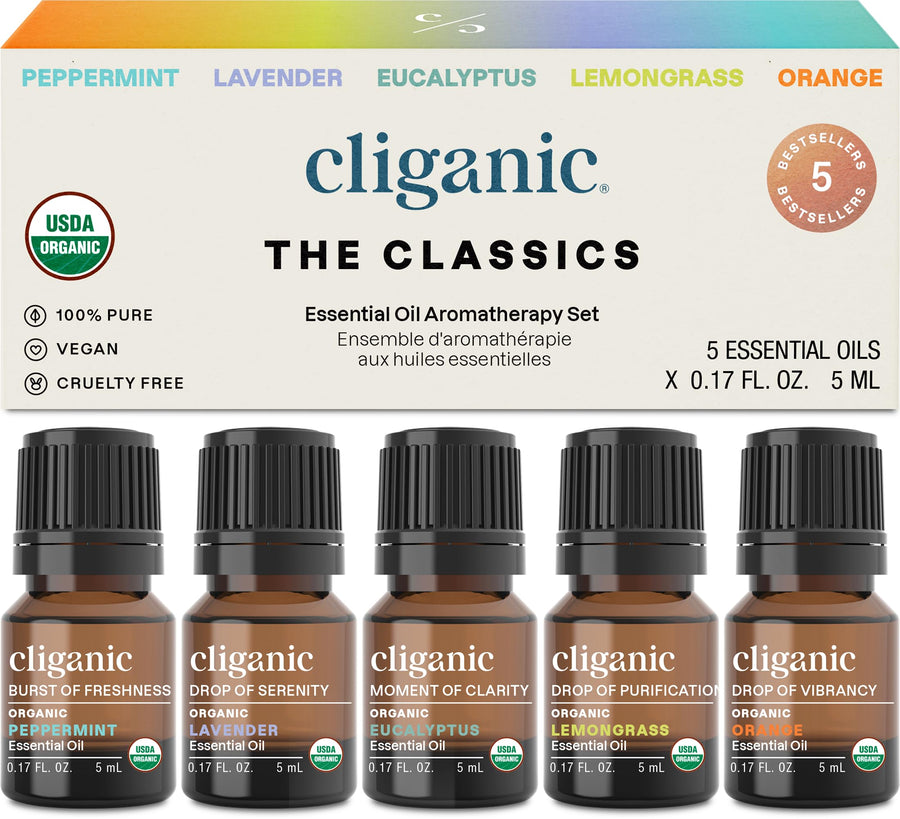 Organic Essential Oils Set (Top 5) - 100% Pure Natural - Aromatherapy, Candle Making - Peppermint, Lavender, Eucalyptus, Lemongrass & Orange (Packaging May Vary)