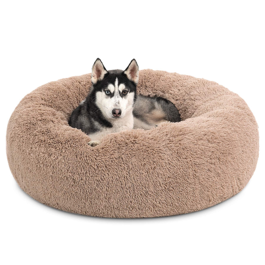 Calming Dog Bed for Large Dogs - Donut Washable Large Pet Bed, 36 inches Anti-Slip Round Fluffy Plush Faux Fur Dog Bed, Fits up to 100 lbs Pets, Camel