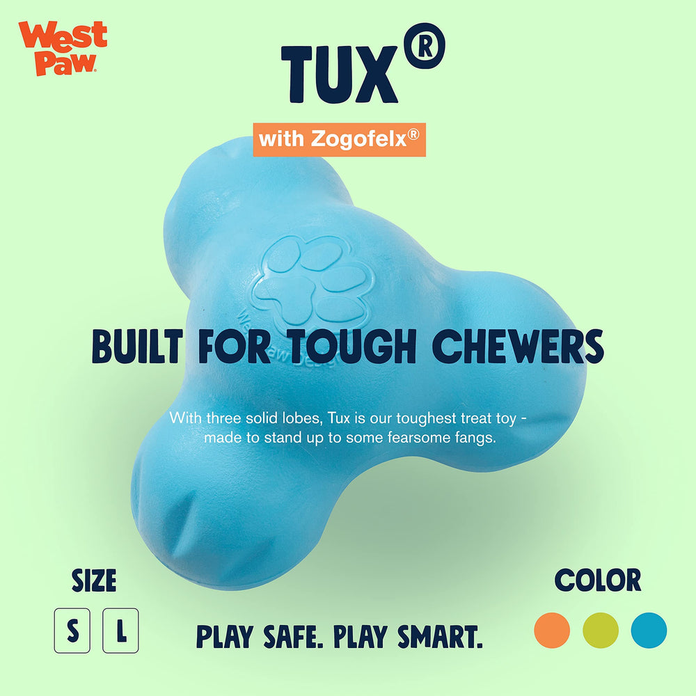West Paw Zogoflex Tux Treat Dispensing Dog Chew Toy – Interactive Chewing Toy for Dogs – Dog Enrichment Toy – Dog Games for Aggressive Chewers, Fetch, Catch – Holds Kibble, Treats, Large 5, Aqua Blue