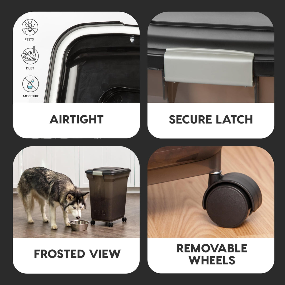USA WeatherPro Airtight Dog Food Storage Container, Up to 42 lbs, Attachable Wheels, For Dog Cat Bird and Other Pet Food Storage Bin, Keep Fresh, Easy Mobility, BPA Free, Smoke/Black