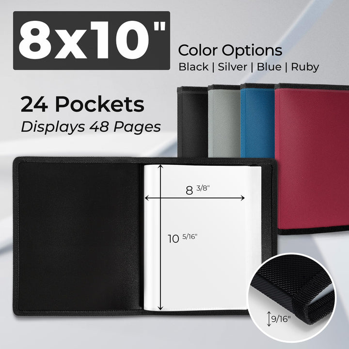 Photo Album 8x10 (Black) with Black Mounting Paper, 8 x 10 Photo & Art Portfolio Presentation Book, 24 Clear Sleeves, Each Shows 48 Pages, Professional Photography Book for Pictures, Artwork