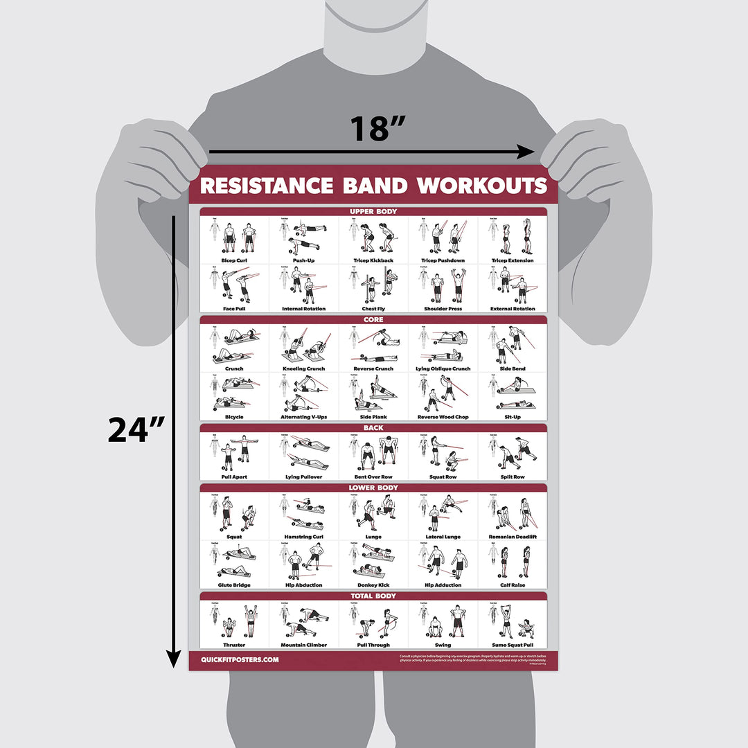QUICKFIT Resistance Bands Workout Exercise Poster - Double Sided (Laminated, 18 x 27)