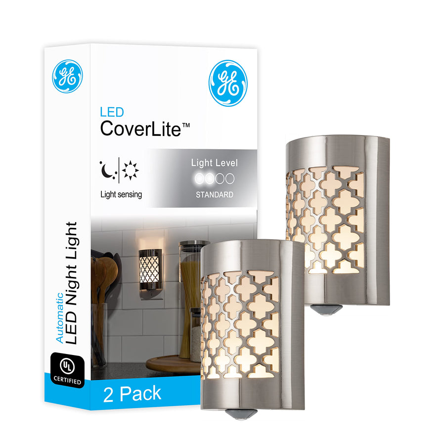 CoverLite LED Night Light, Plug-In, Dusk to Dawn Sensor, Home Decor, LED Lights for Bedroom, Bathroom, Kitchen, Hallway, 2 Pack, 46815, Brushed Nickel | Moroccan