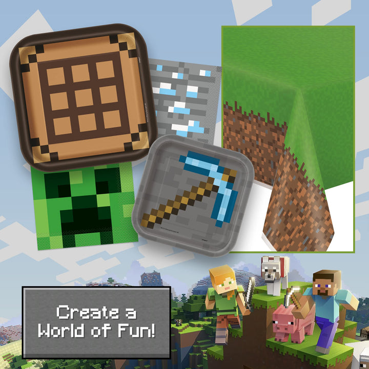Minecraft Party Table Decorations Dinnerware Bundle - Officially Licensed Dinner and Dessert Paper Plates, Luncheon and Beverage Paper Napkins and Table Cover