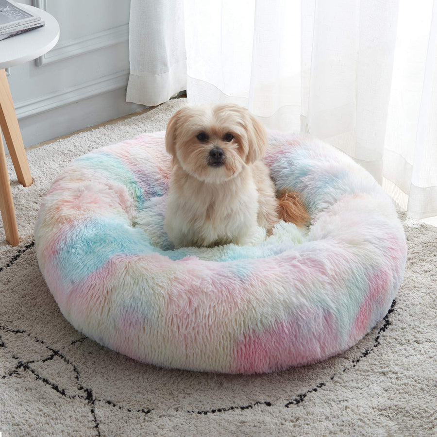 Calming Dog & Cat Bed, Anti-Anxiety Donut Cuddler Warming Cozy Soft Round Bed, Fluffy Faux Fur Plush Cushion Bed for Small Medium Dogs and Cats (20/24/27/30)