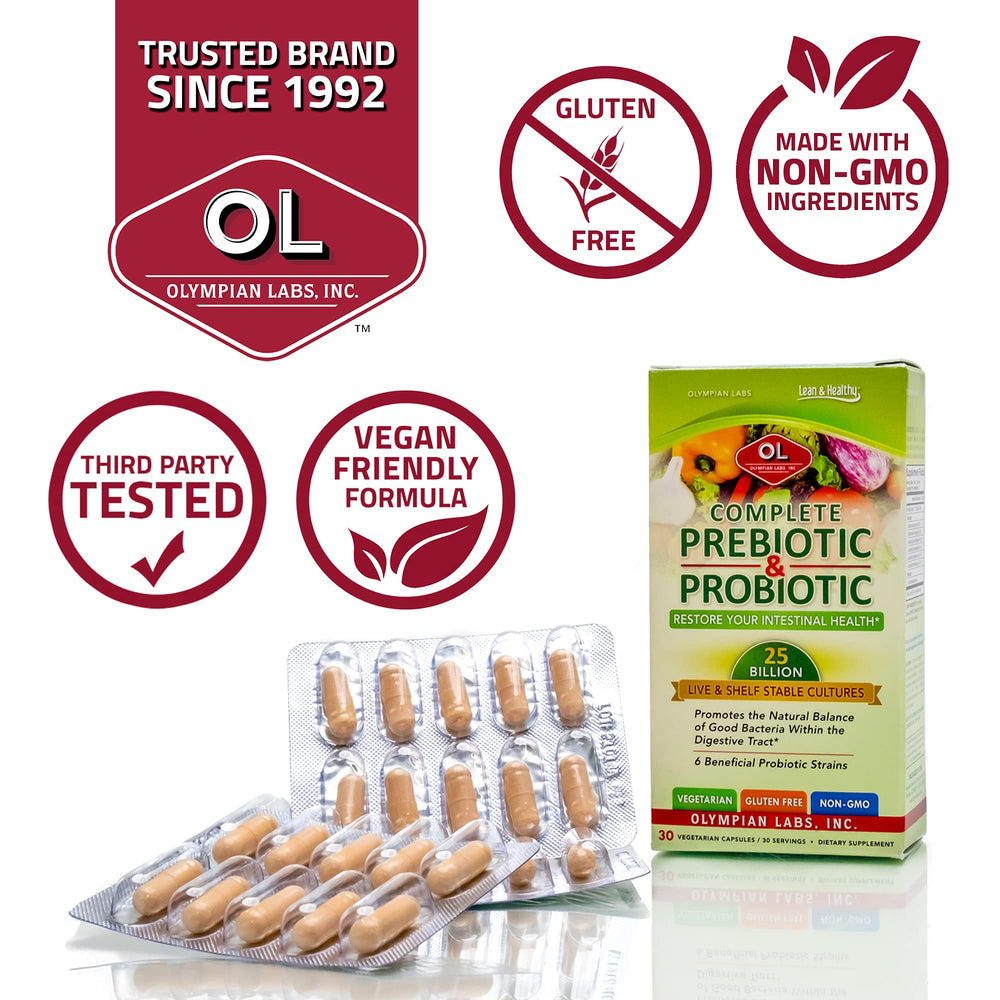Complete Prebiotic and Probiotic Supplement - 25 Billion Live Shelf Stable Cultures - 30 Vegetarian Capsules, Helps Restore The Natural Balance Within The Digestive Tract.