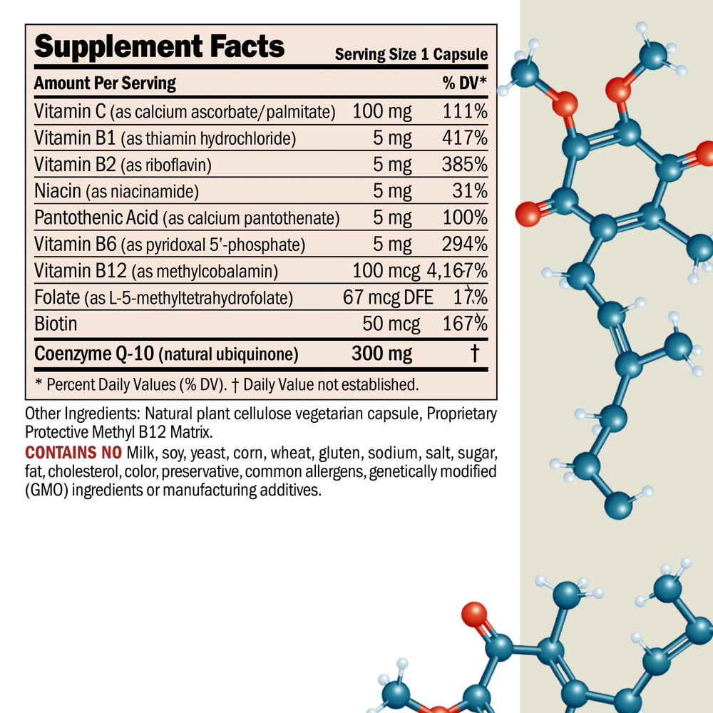 Coenzyme Q-10 300 mg 60 Capsules - Essential for Energy Production and Optimum Key Organ Function, Anti-Oxidant Support, Depleted by Aging, Plus B-Complex. Easy to Swallow Capsules