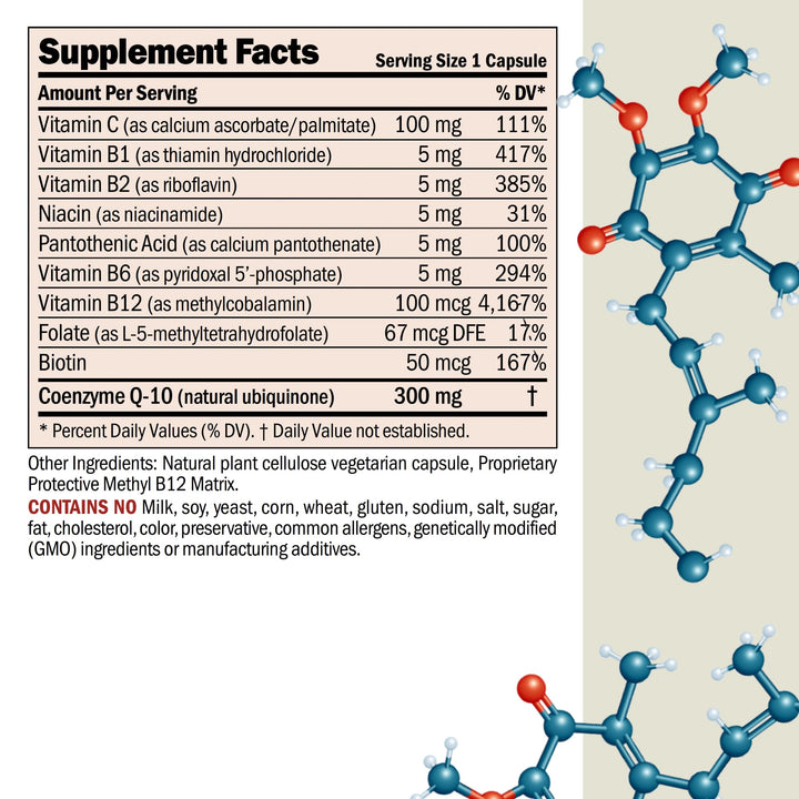 Coenzyme Q-10 300 mg 60 Capsules - Essential for Energy Production and Optimum Key Organ Function, Anti-Oxidant Support, Depleted by Aging, Plus B-Complex. Easy to Swallow Capsules