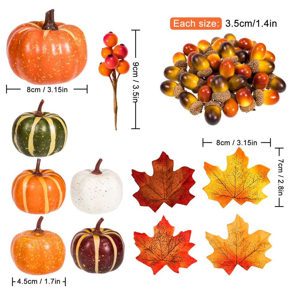 160 Pcs Autumn Artificial Maple Leaves, Harvest Pumpkins, Gourds, Acorns and Orange Berry Stems Set, Fall and Thanksgiving Home Table Decoration Halloween Party Decor