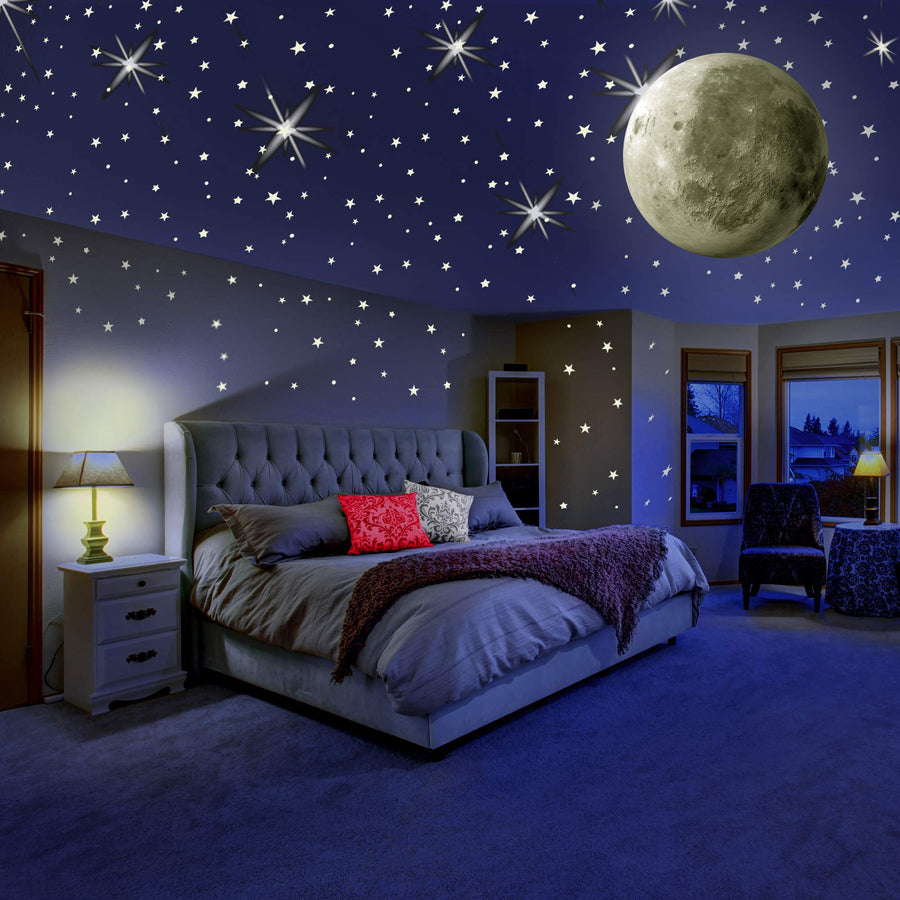 Glow in The Dark Wall or Ceiling Stars with Moon Stickers – Luminous Decal Stickers for Simulated Moon Effect at Night – Ideal Kids Decor or Adults – for Kids Boys Girls