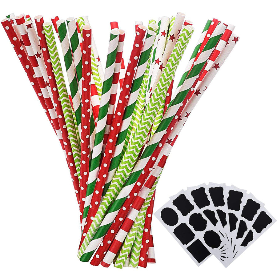 Paper Straws Decorative Drinking Straws for New Year, 125 Pieces, Multi Patterns, Green and Red