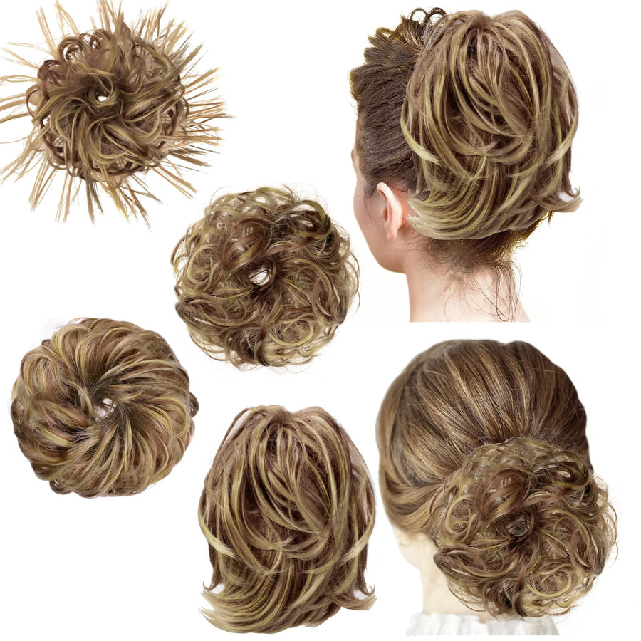 4 Pcs Messy Hair Bun Hairpiece Tousled Updo for Women Hair Extensions Straight Short Ponytail Elastic Scrunchies Curly Hair Accessories (Brown mix Blond/12H24,Basic Style)