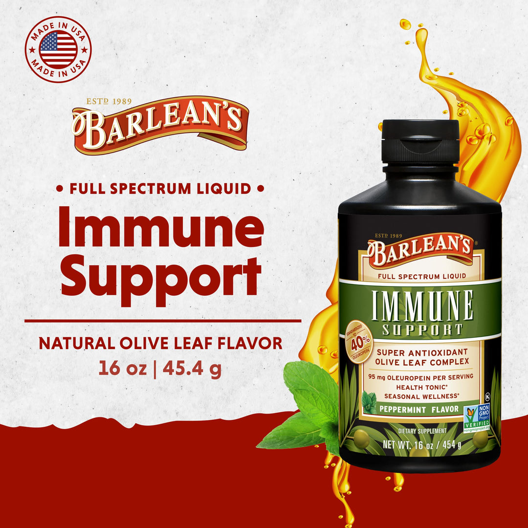 Barlean's Peppermint Olive Leaf Complex Liquid Immune Support Supplement with 95mg Oleuropein Antioxidants, 16 Ounce