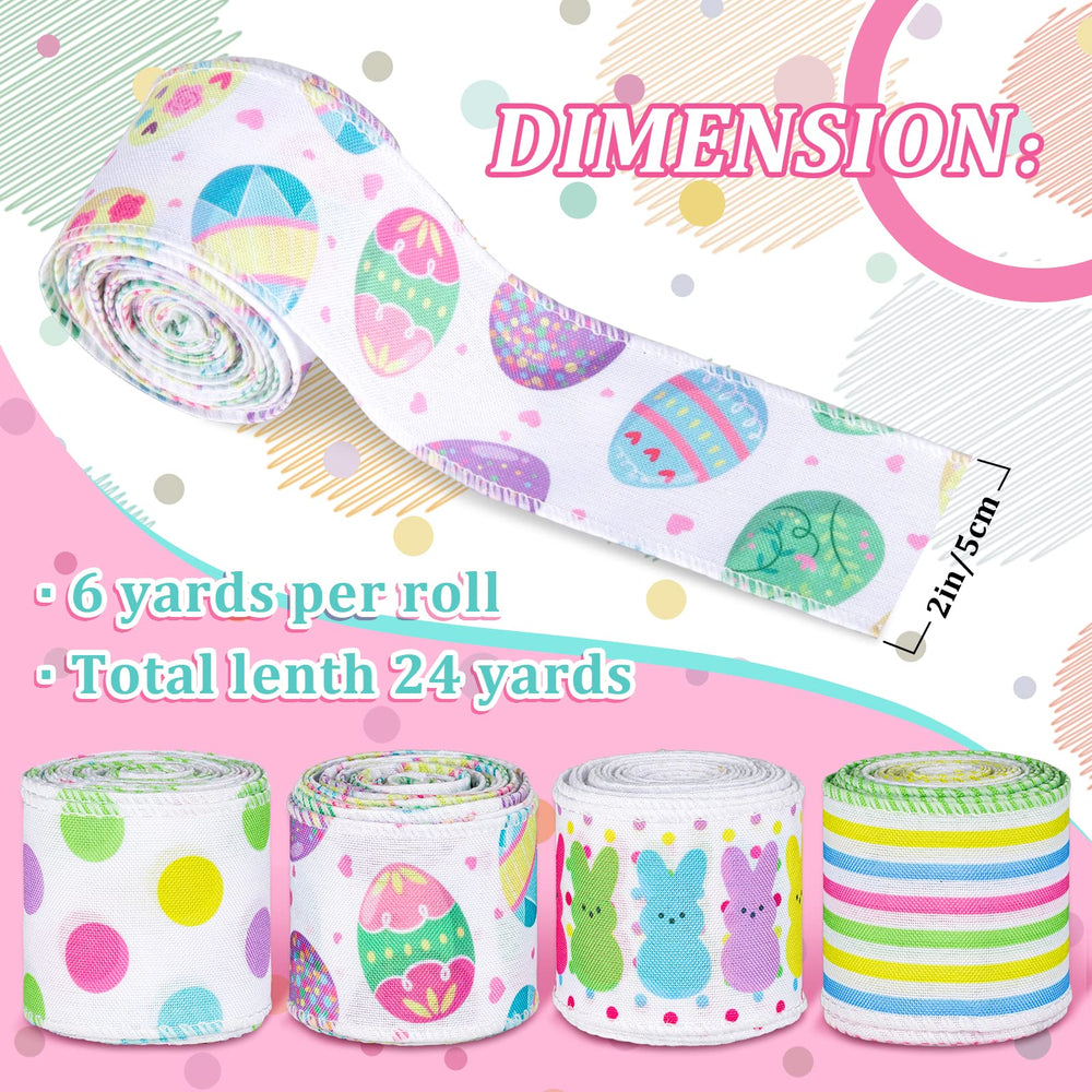 Easter Wired Edge Ribbon 4 Roll 24 Yards Easter Egg Bunny Rabbit Colorful Dot Line Spring Craft Ribbon for Crafts Bow Wreaths Gift Wrapping Party Holiday DIY Decor Supplies