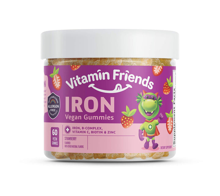 - Vegan Multivitamin & Iron for Kids - Daily Nutritional Support Gummies w/Ferrous Fumarate B-Complex, Vitamin C, Zinc, Biotin - Body Function & Anemia - Strawberry, (60 Day Supply)