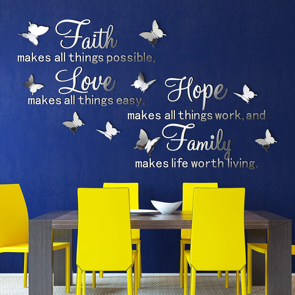 3D Acrylic Mirror Wall Decor Stickers Removable Butterfly Mirror Wall Stickers DIY Faith Makes All Things Possible for Home Office School Teen Dorm Room Mirror Wall Decoration (Silver)