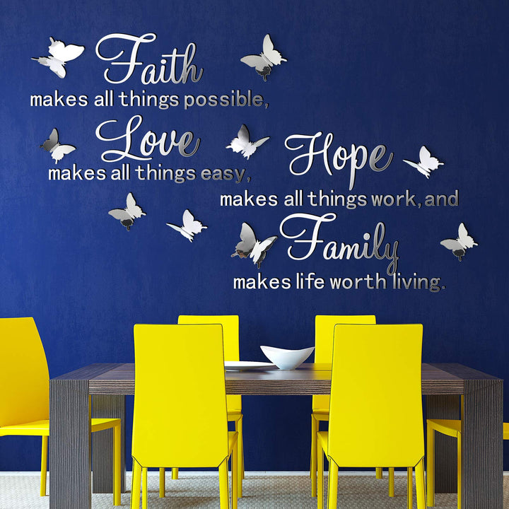 3D Acrylic Mirror Wall Decor Stickers Removable Butterfly Mirror Wall Stickers DIY Faith Makes All Things Possible for Home Office School Teen Dorm Room Mirror Wall Decoration (Silver)