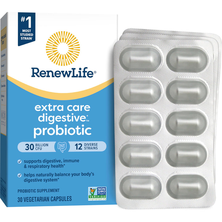 Extra Care Go-Pack Probiotic Capsules, Daily Supplement Supports Immune, Digestive and Respiratory Health, L. Rhamnosus GG, Dairy, Soy and gluten-free, 30 Billion CFU, 30 Ct