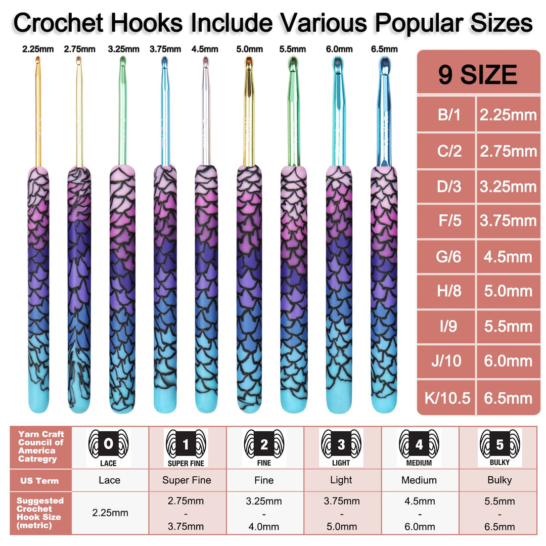 Warm Crochet Hooks, 9 Sizes 2.25 to 6.5mm Ergonomic Mermaid Extra Long Crochet Needles for Arthritic Crocheting Yarn Craft Set, Ideal Gift