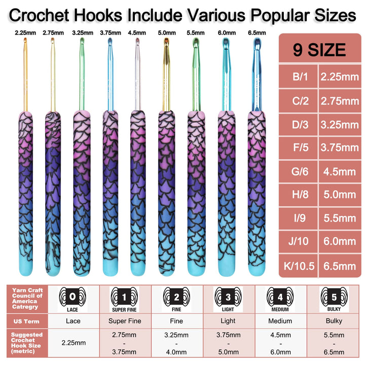 Warm Crochet Hooks, 9 Sizes 2.25 to 6.5mm Ergonomic Mermaid Extra Long Crochet Needles for Arthritic Crocheting Yarn Craft Set, Ideal Gift