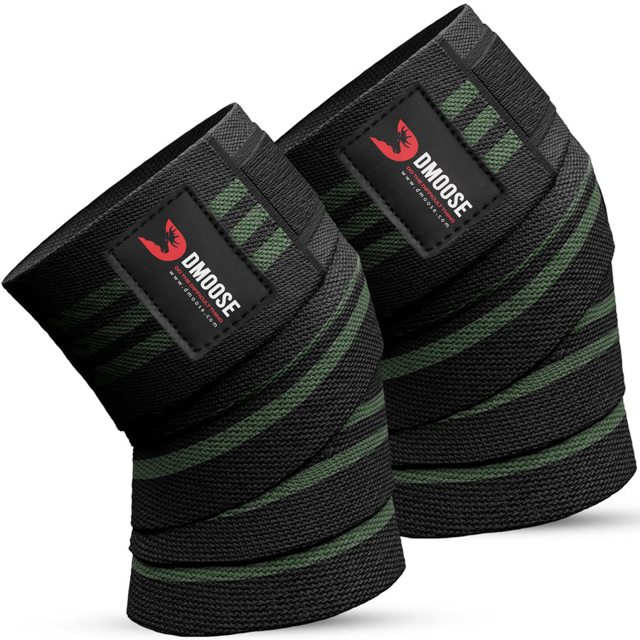 DMoose Compression Knee Brace wraps - Knee Sleeves for Weightlifting & Compression Wraps for legs, Running and Muscle Pain Relief, Joint Protection and Support for knees - Dark Green Stripes (Pair)