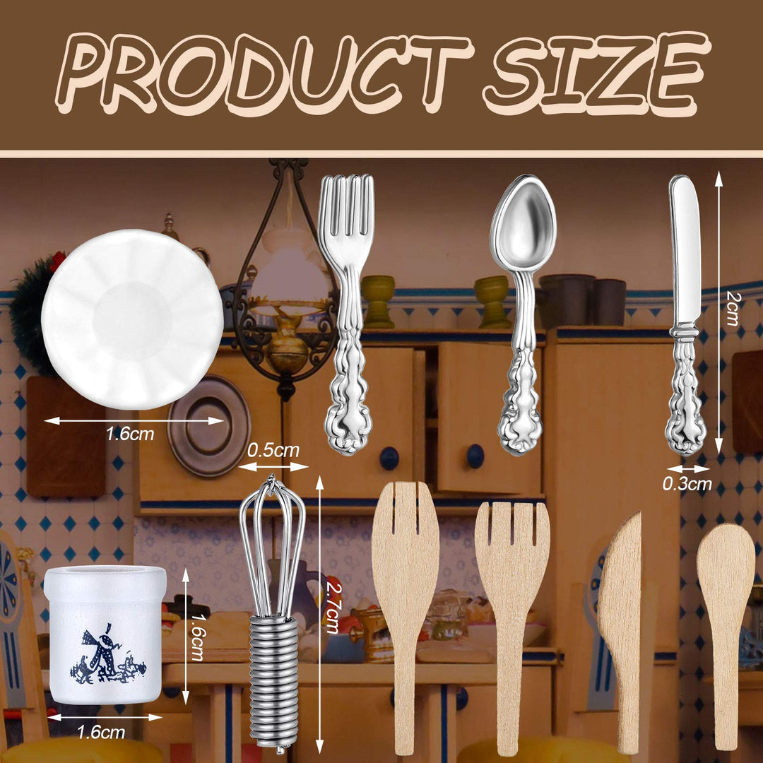 37 Pieces 1:12 Scale Miniatures Dollhouse Kitchen Accessories Include 16 Mini Doll Plates Knife Fork Spoon, 6 Mini Egg Beater Utensil, 15 Mini Tea Cup Set for Doll Toy Supplies (Blue Flower)