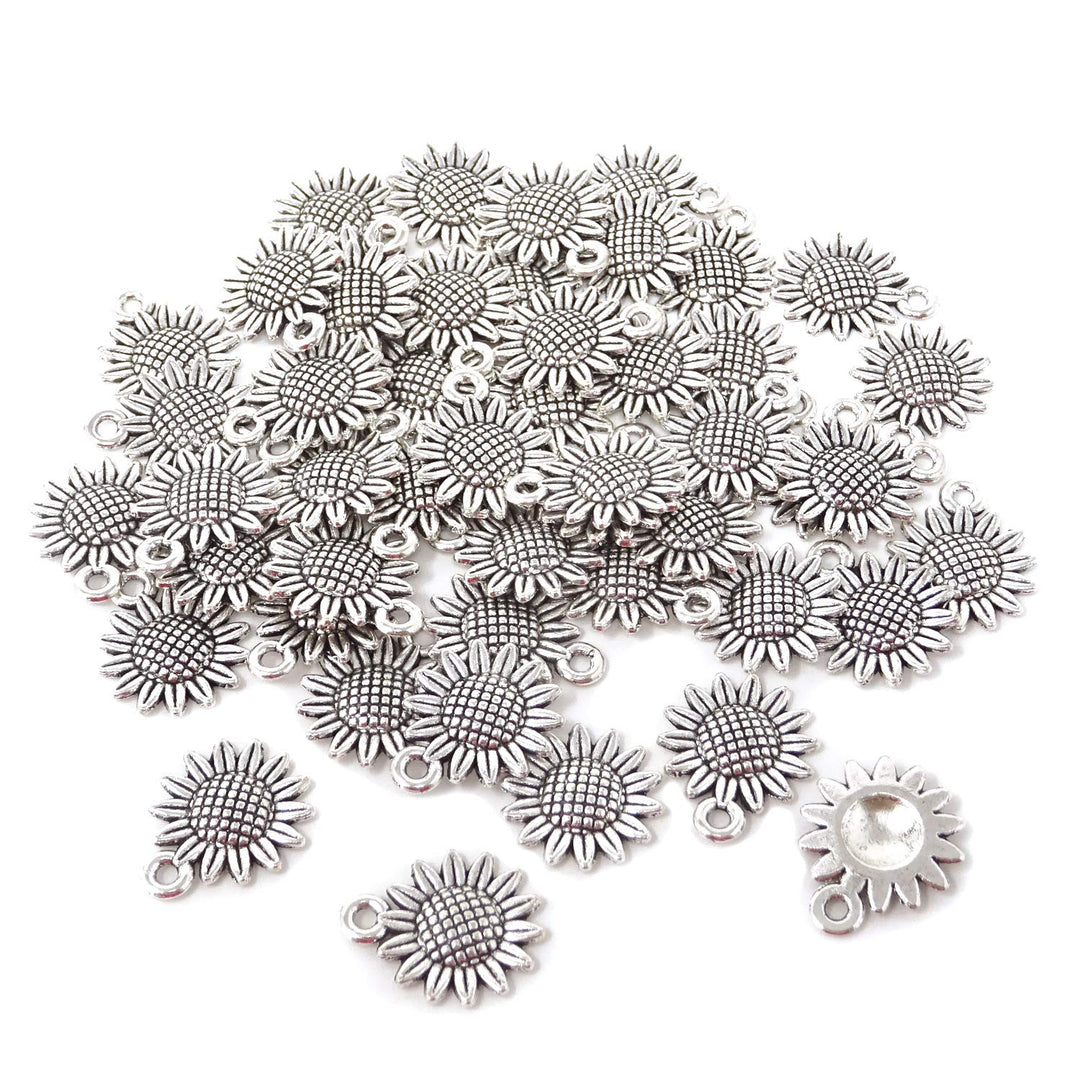 50PCS Vintage Alloy Sunflower Charms Pendant for Jewelry Making or DIY Crafts (Silver)