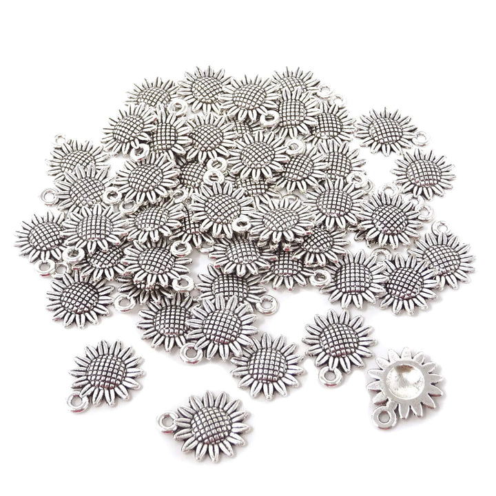 50PCS Vintage Alloy Sunflower Charms Pendant for Jewelry Making or DIY Crafts (Silver)