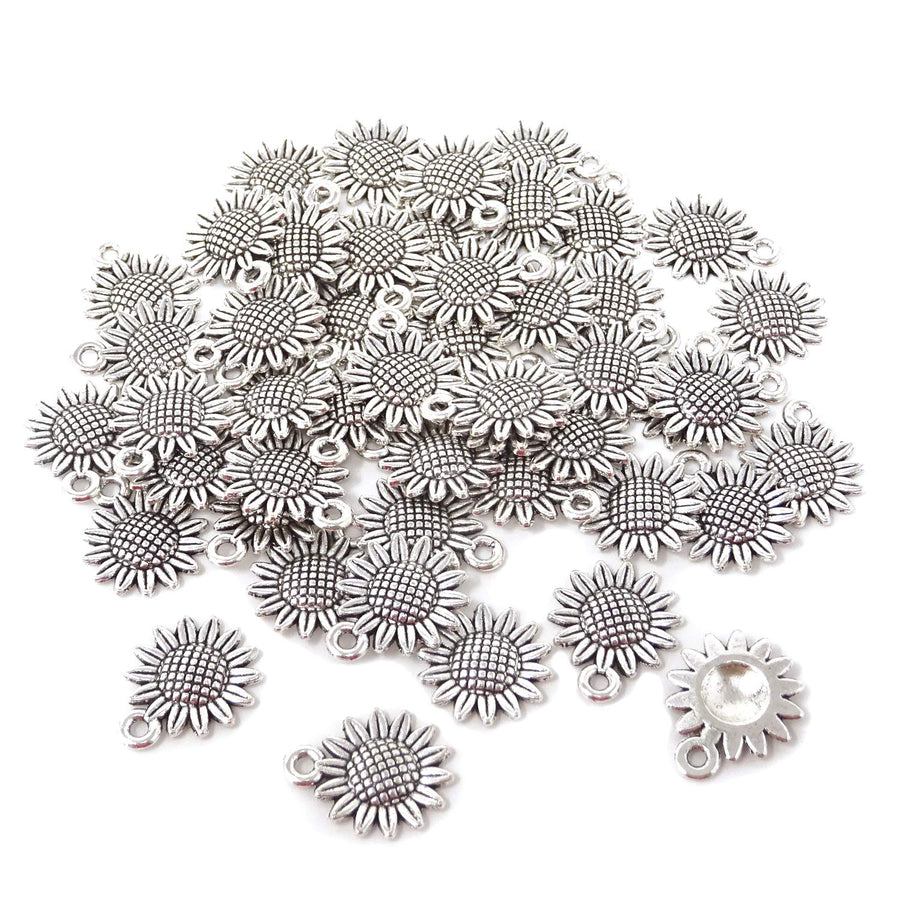 50PCS Vintage Alloy Sunflower Charms Pendant for Jewelry Making or DIY Crafts (Silver)