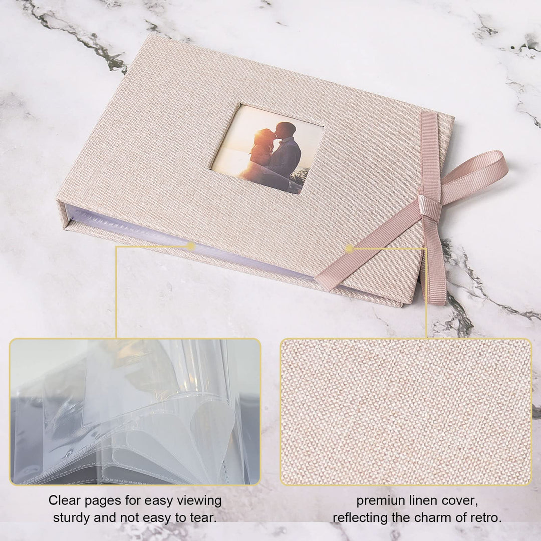 Small Photo Album 4x6, Mini Picture Book with 26 Pockets, Clear Pages Holds 52 Photos, Linen Fabric Cover Postcards Photobook Beige 2 Pack