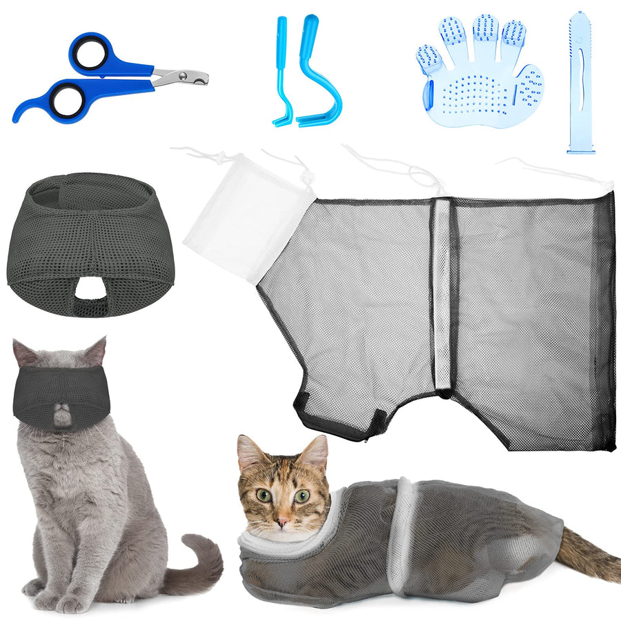5 Pcs Cat Bathing Bag Set Cat Grooming Bag Adjustable Pet Shower Net Bag Muzzles Nail Clipper Tick Remover Tool Massage Brush (Grey-White)