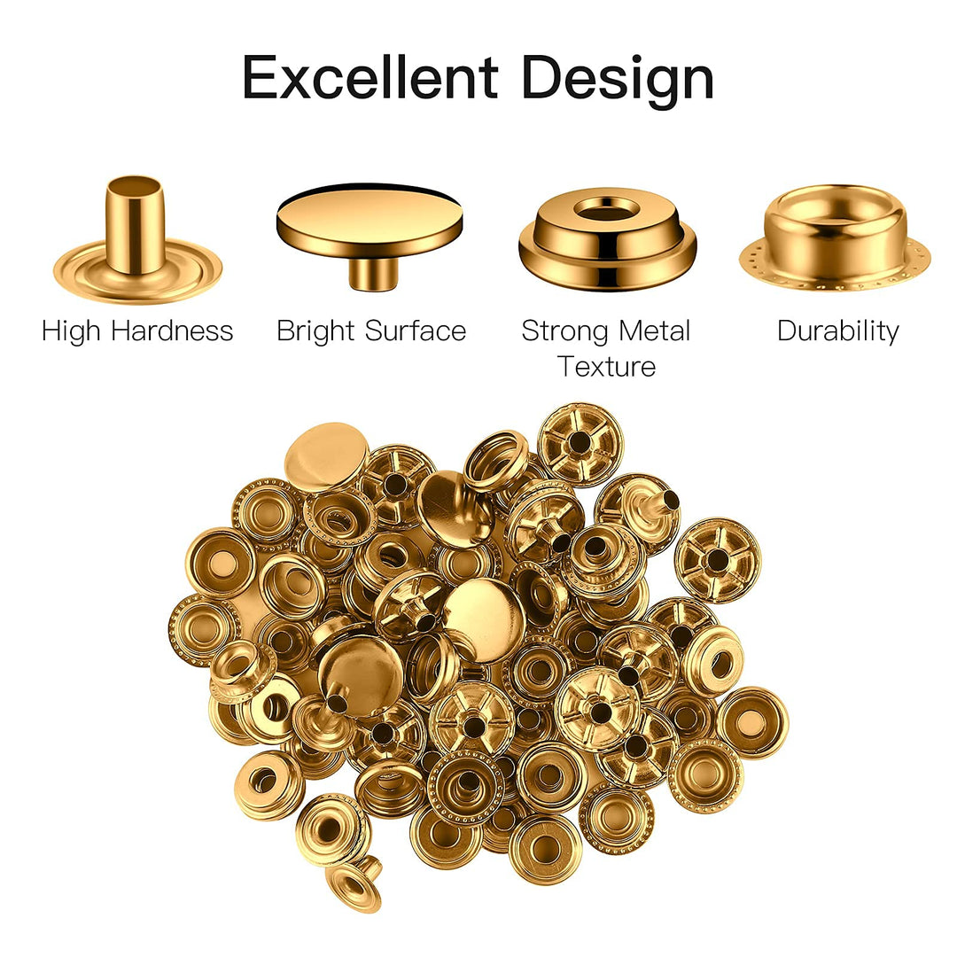 200 Pieces (50 Sets) Leather Snap and Fastener Kit Tool 5/8 inches (15mm) Snaps for Leather Fasteners Kit for Leather Stainless Snaps Button for Bag, Jeans, Clothes, Fabric (Gold)