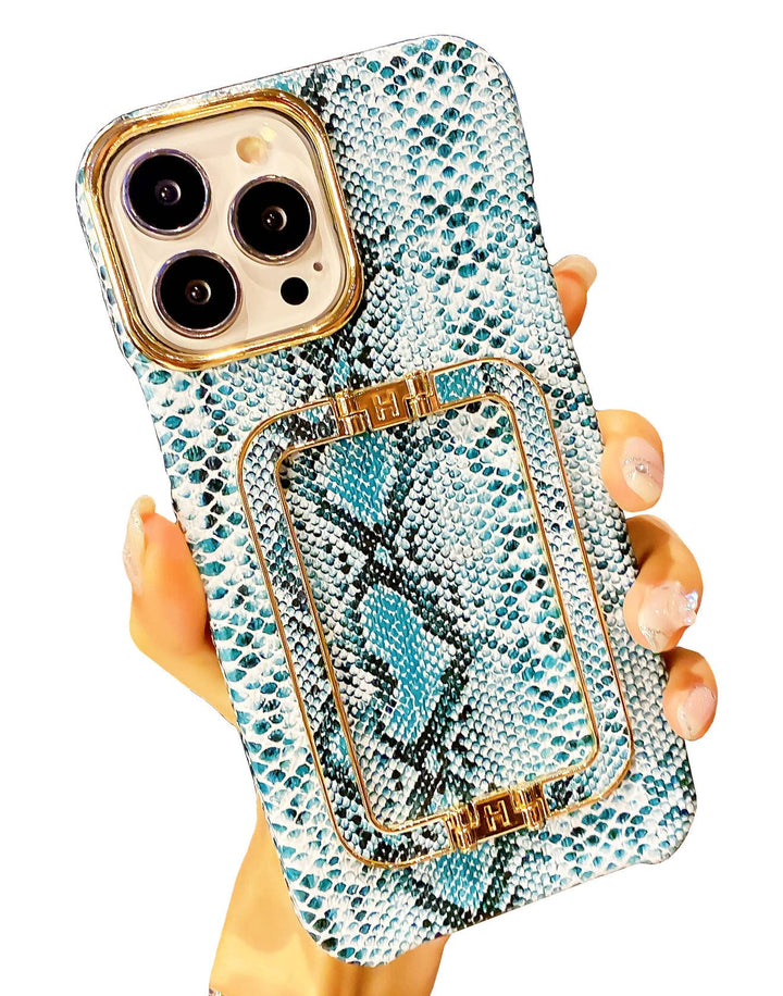 Compatible with Cute Phone 13 Pro Max Case with Stand,Luxury Snake Skin Case Protective and Tough Folding Bracket Case for Women Design for 13 Pro Max Case - 6.7 Inch (White)