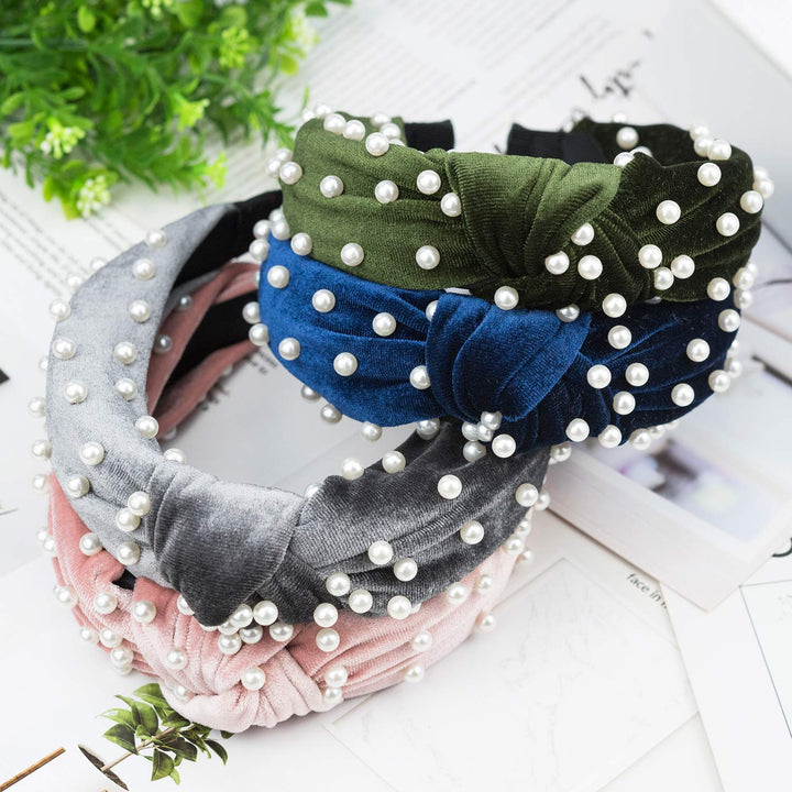 Pearl Headbands 6 Colors, Knotted Headbands for Women Fashion Turban Headband Hair Bands Wide Headbands Accessories for Girls with 1 Pouch Bag